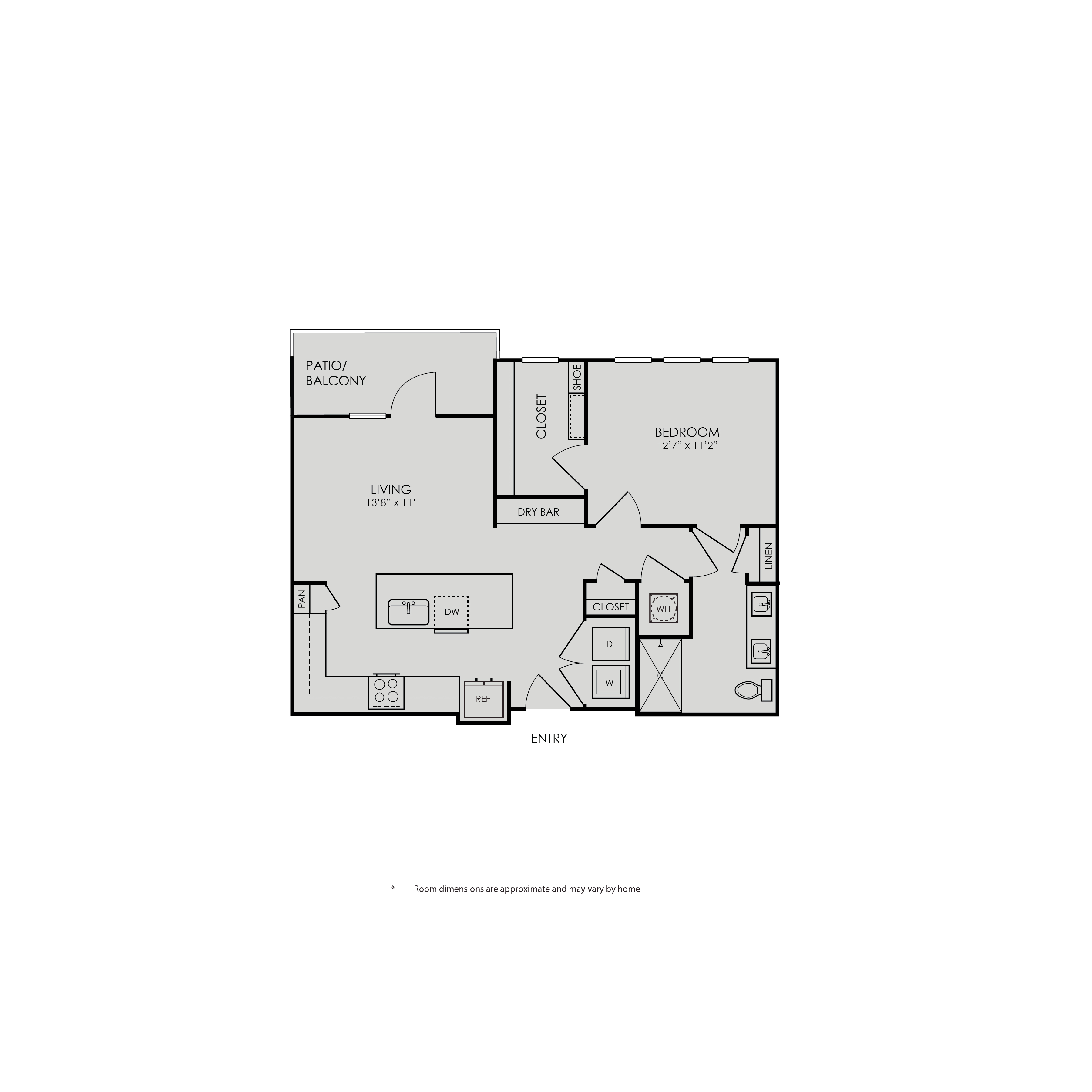 Floor plan for 1 bed, 1 bath, 792 sqft